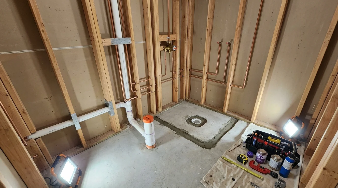 Bathroom rough-in plumbing during remodel by Johns Plumbing LLC in Council Grove