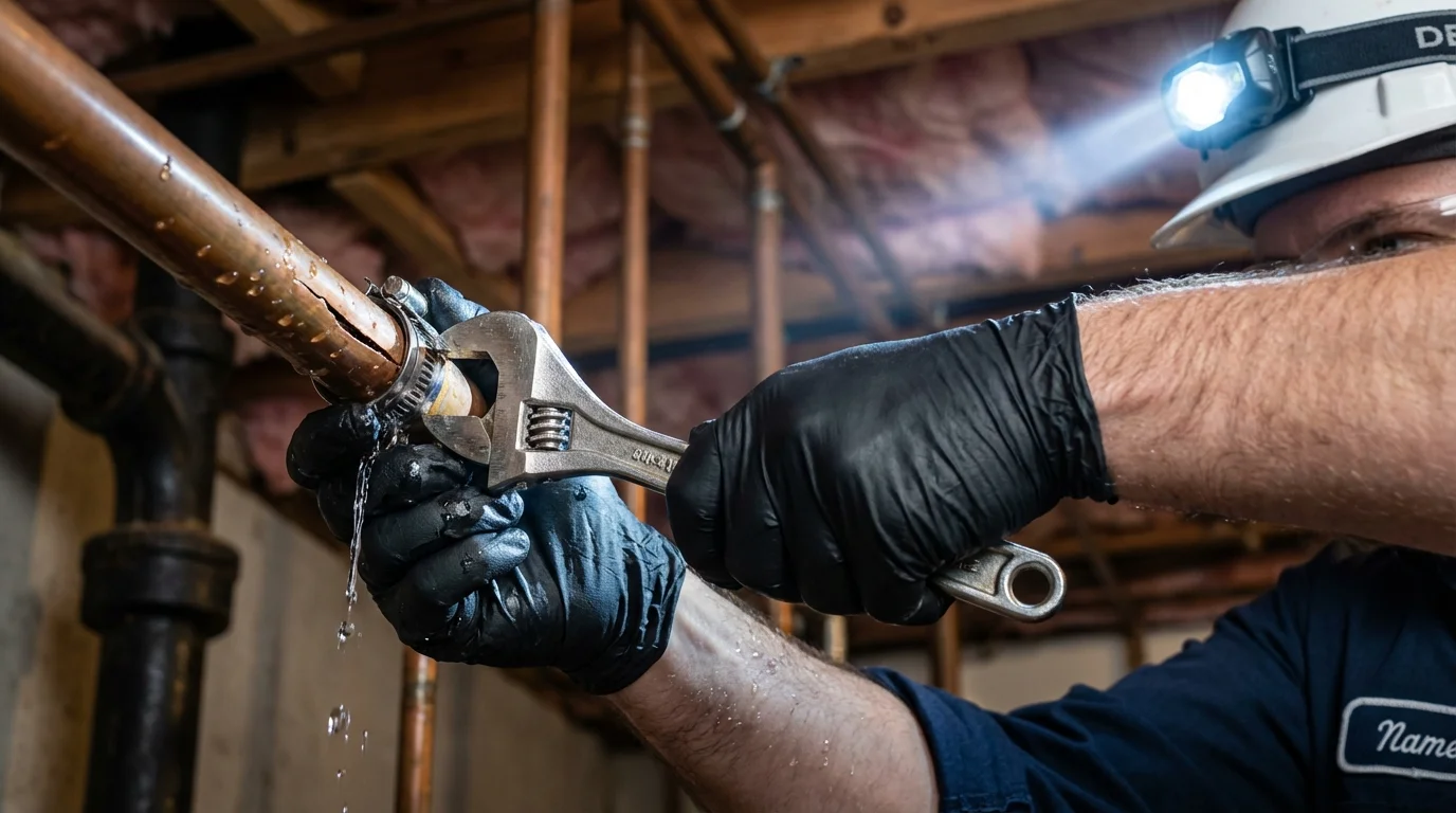 Emergency pipe clamp repair being performed by a Johns Plumbing LLC plumber in Council Grove