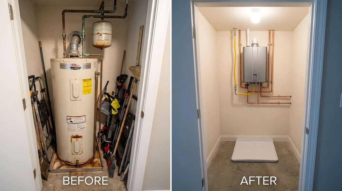 Tank water heater versus wall-mounted tankless unit comparison for Council Grove, KS homeowners