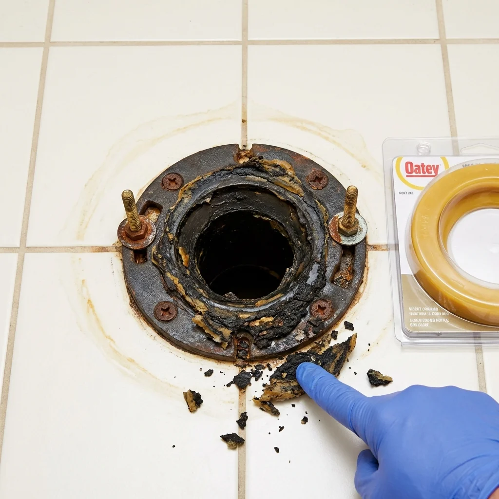 Failed wax ring showing water seepage at the base of a toilet in a Council Grove, KS home