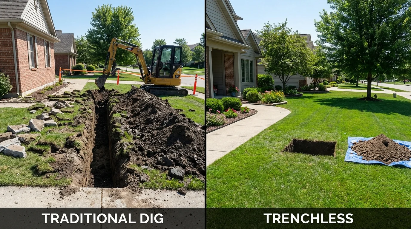 Trenchless sewer repair with minimal yard damage versus traditional excavation in Council Grove, KS