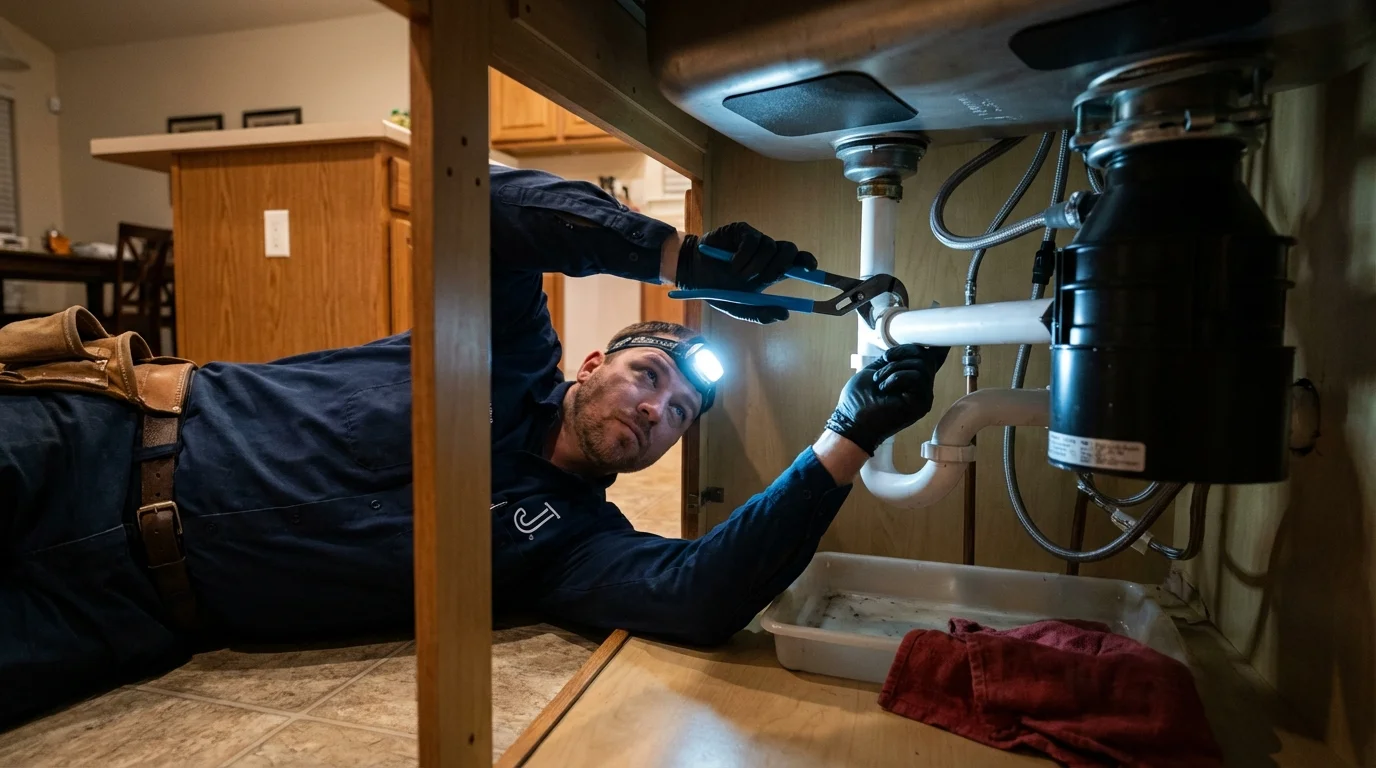 P-trap and supply line connections under a kitchen sink showing a common leak point in Council Grove, KS